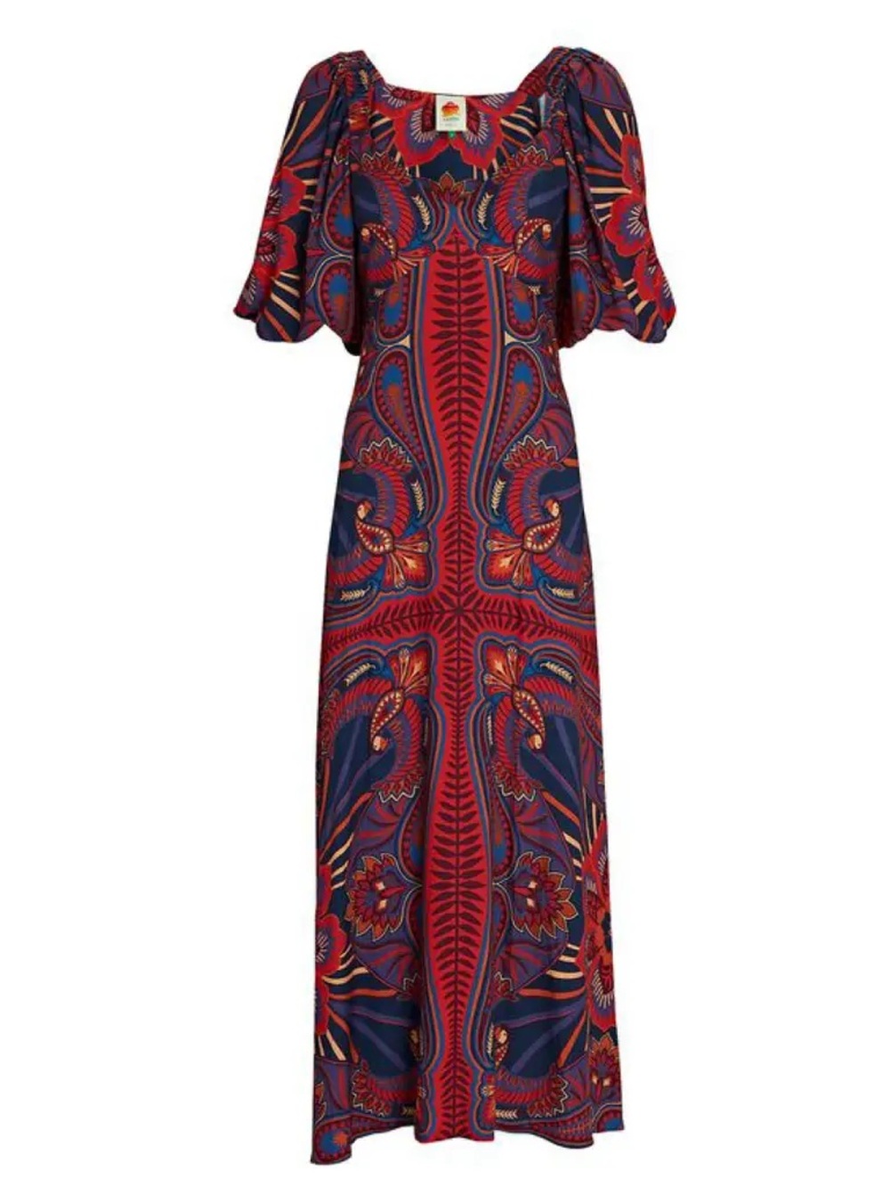 Farm Rio Macaw Arabesque Midi Dress Puffed Sleeves Boho